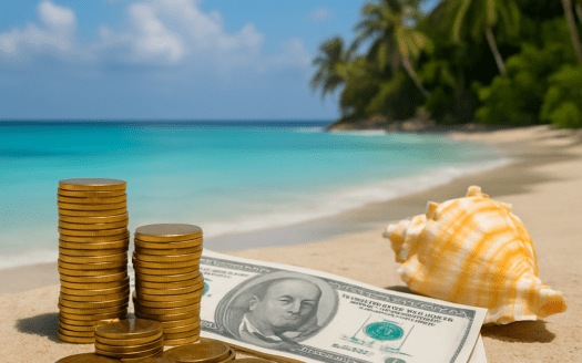 Geld mit Muschel am Strand in Punta Cana