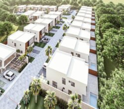 Eine Straße mit Häusern von oben.